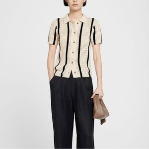 Anine Bing Pointelle Cotton Blend Alexis Polo Black Stripes Cream Button Small S